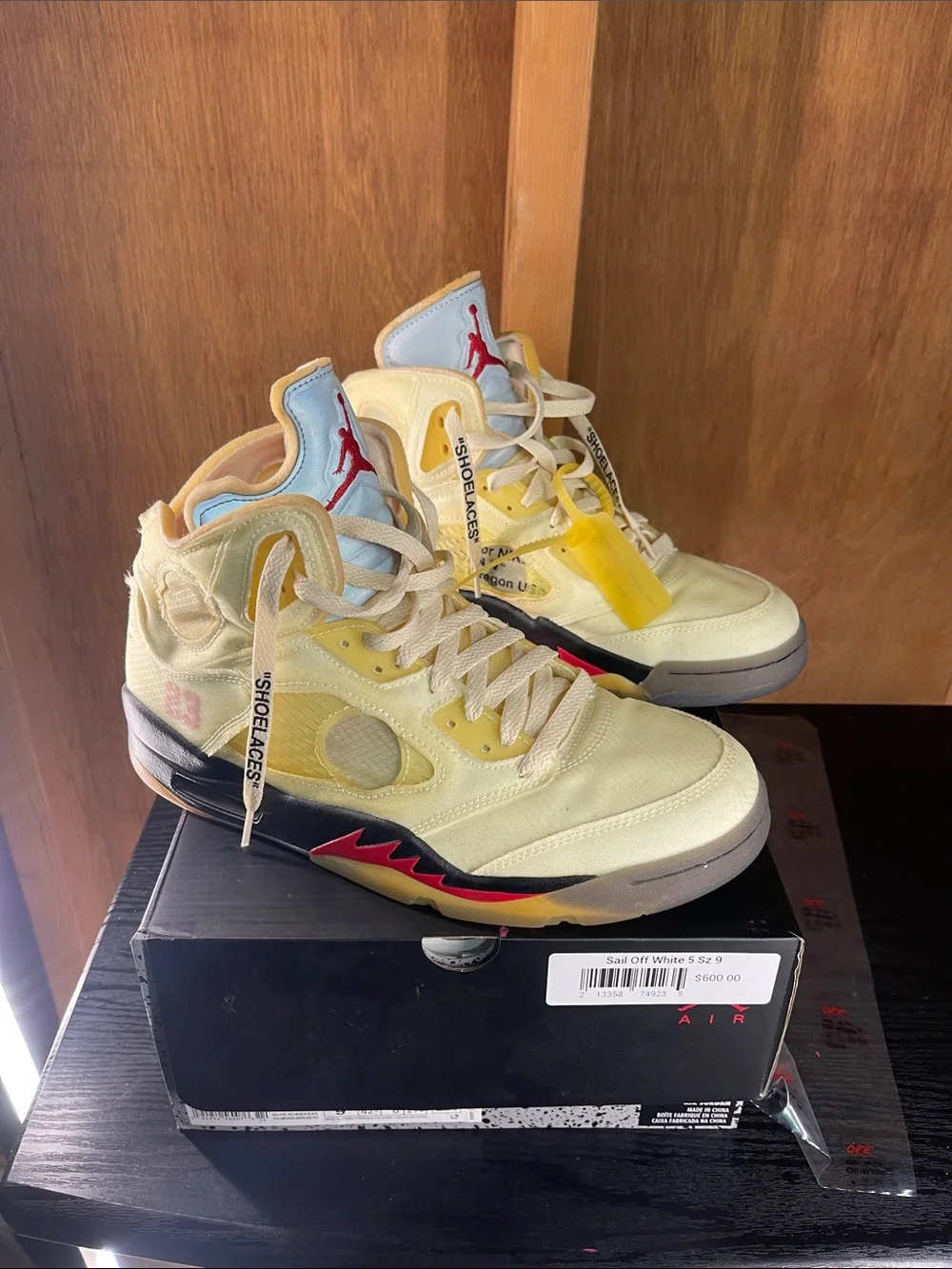 Jordan Retro 5 Sneakers in Sail, Yellow & Red
